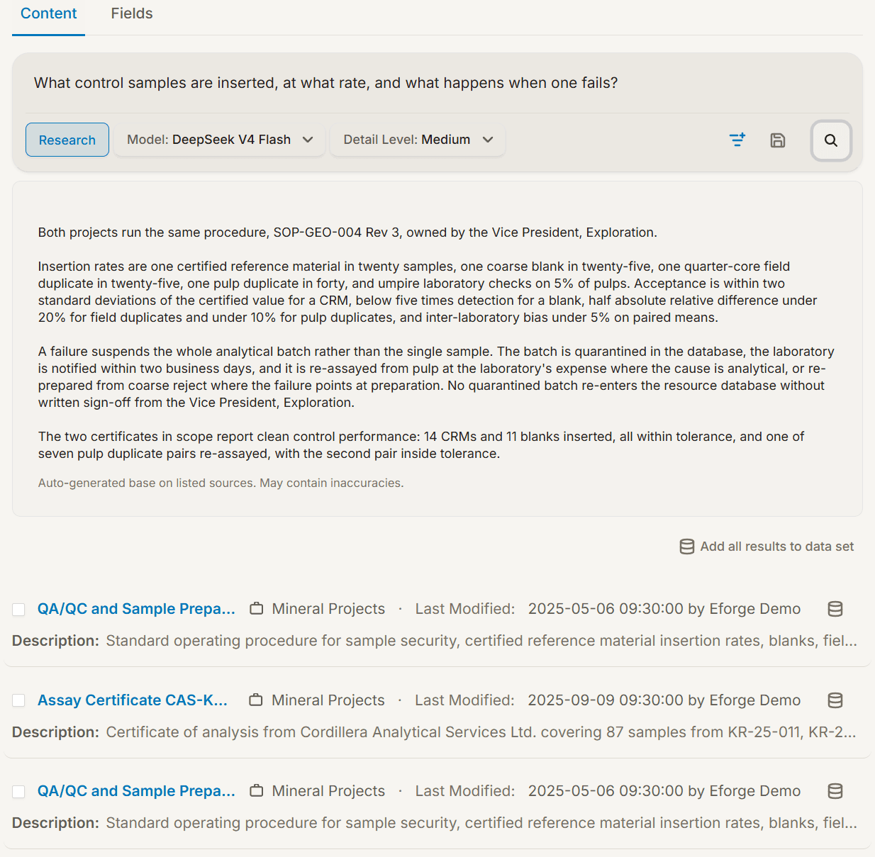Eforge discovery interface with search and document results
